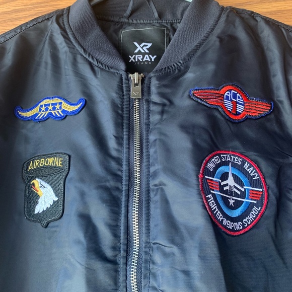 XRAY Jeans Black Stand Up Collar Long Sleeve Patch Embellished Flight Jacket M - Picture 4 of 8